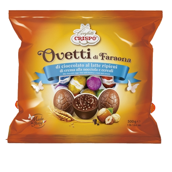 CRISPO CONFETTI OVETTI FARAONA MILK CHOCOLATE 500 GR (20 in a box)