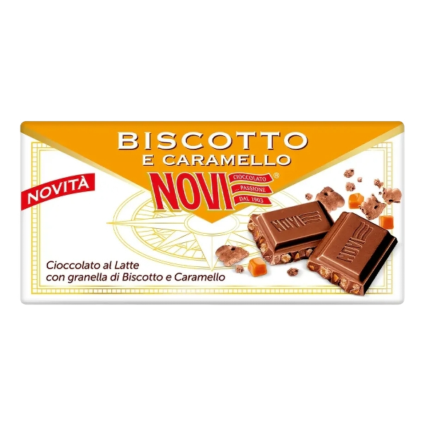 NOVI CHOCOLATE BAR BISCUITS AND CARAMEL 100 GR (24 in a box)