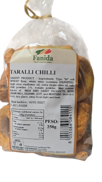FANIDA TARALLI CHILI PEPPER WITH EXTRA VIRGIN OLIVE OIL 250 GR (16 in a box)
