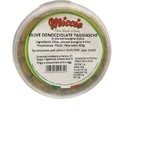 MICCIO OLIVES PITTED BLACK TAGGIASCHE IN OIL BUCKET 820 GR (9 in a box)