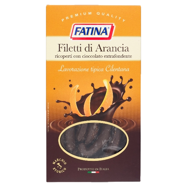 FATINA DRIED FRUITS FILLETS ORANGE COVERED DARK CHOCOLATE 150 GR (16 in a box)