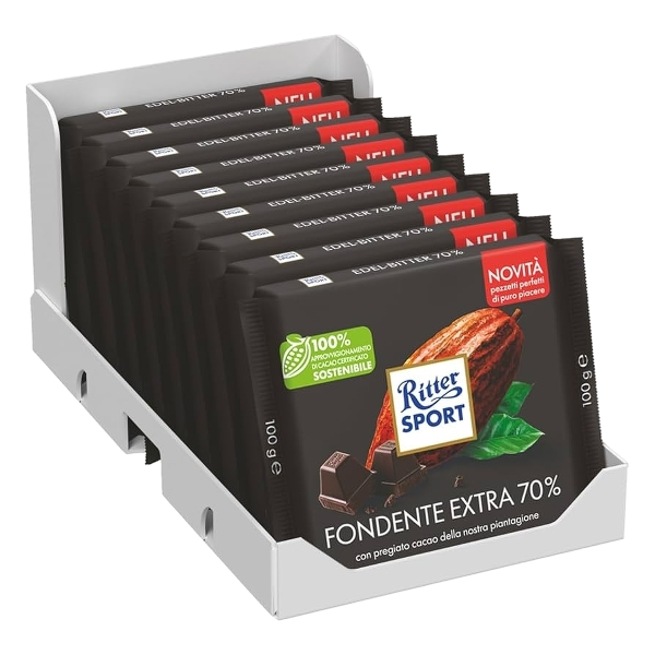 RITTER SPORT CHOCOLATE BAR DARK EXTRA 70% 100 GR (9 in a box)