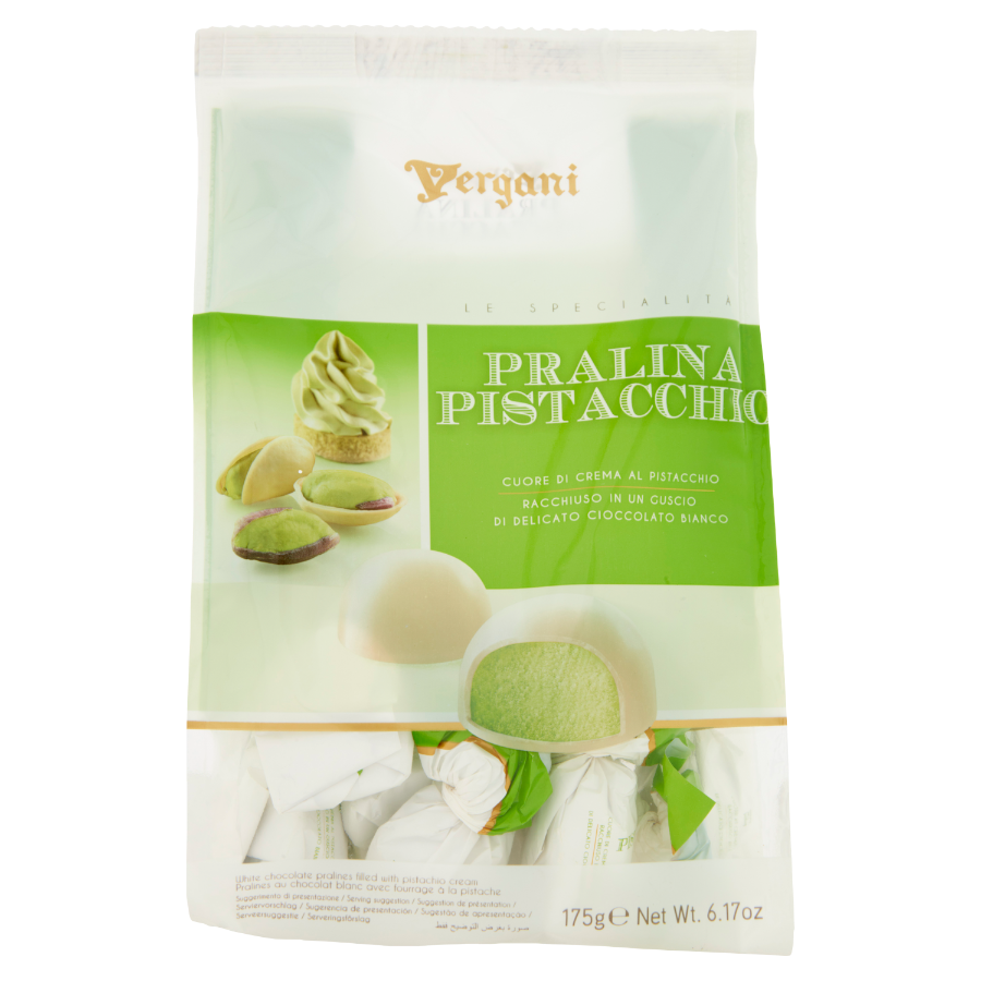 A package of Vergani Pralina Pistacchio (chocolate-covered pistachio ice cream dumplings) on a clean white background. The packaging is white and light green, featuring a photo of a green pistachio ice cream dumpling and a chocolate-covered dumpling with a green pistachio filling.