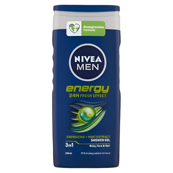 NIVEA MEN SHOWER BATH BODY AND SHAMPOO ENERGY 3in1 250 ML (12 in a box)