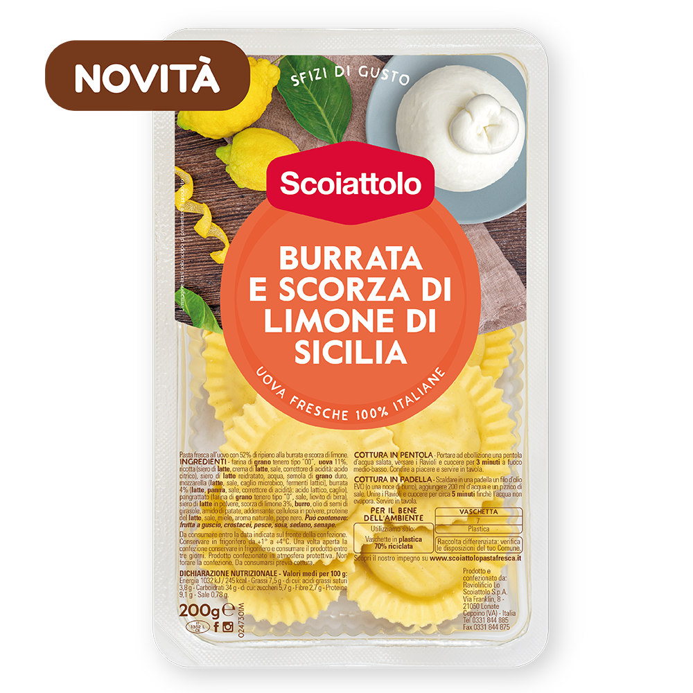SCOIATTOLO STUFFED PASTA RAVIOLI WITH BURRATA AND LEMON 200 GR (6 in a box)
