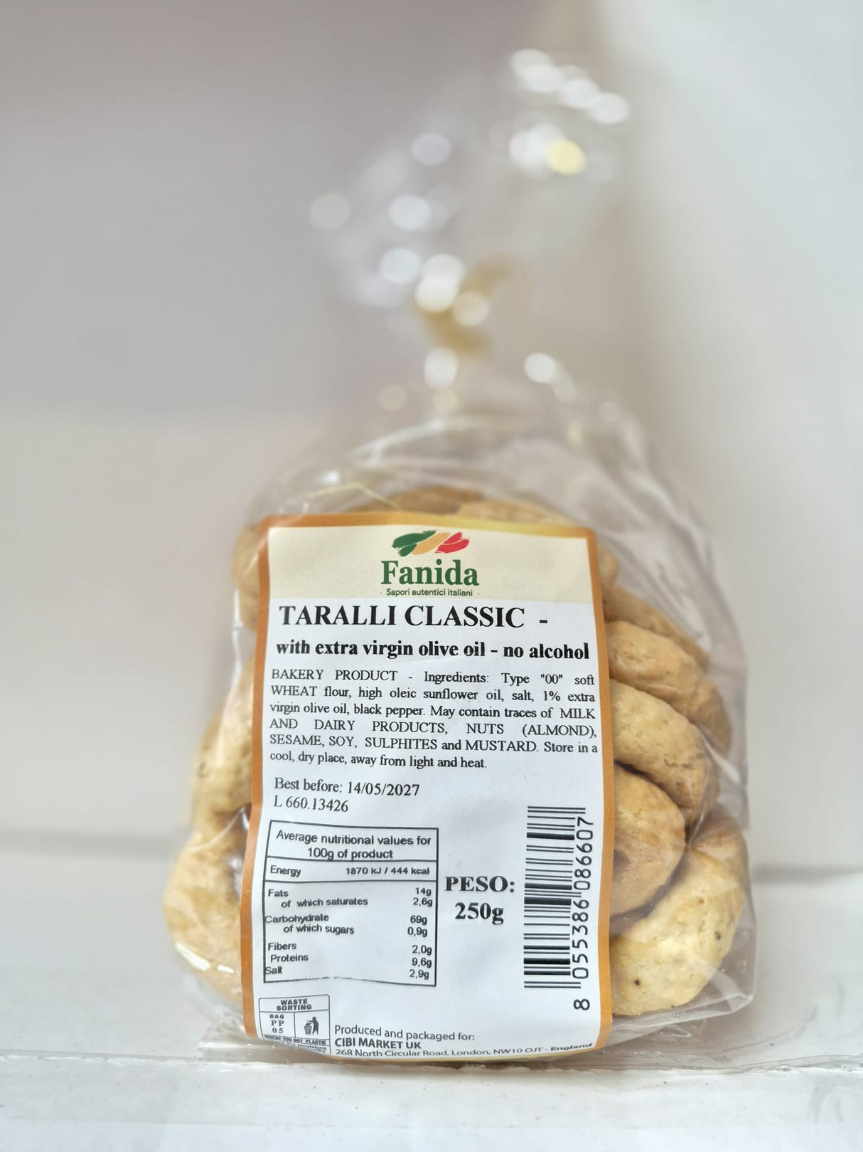 FANIDA TARALLI CLASSIC WITH EXTRA VIRGIN OLIVE OIL NO ALCOHOL 250 GR (16 in a box)