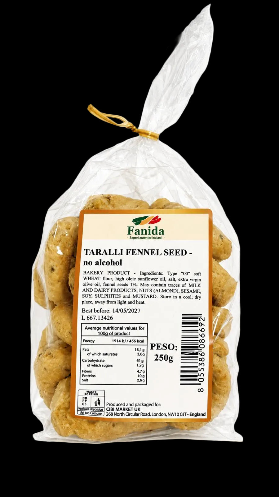 FANIDA TARALLI FENNEL SEEDS WITH EXTRA VIRGIN OLIVE OIL NO ALCOHOL 250 GR (16 in a box)