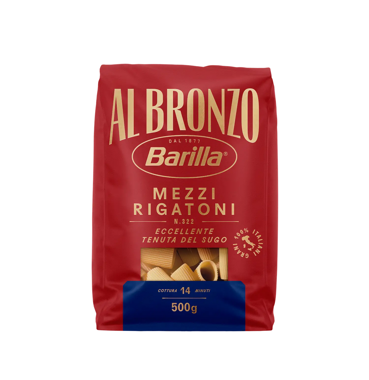 BARILLA PASTA DI SEMOLA AL BRONZO MEZZI RIGATONI N.322 500 GR (16 in a box)