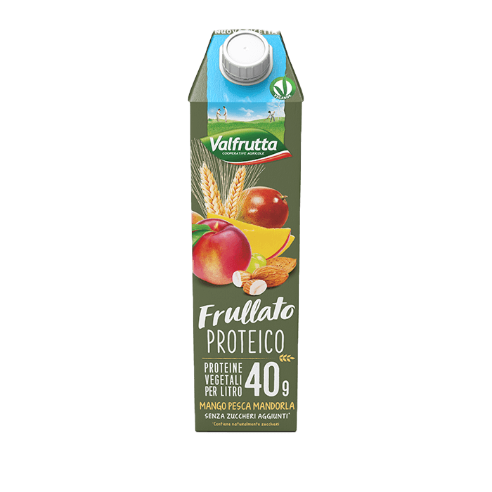 VALFRUTTA FRULLATO PROTEICO FRUIT JUICE FRUIT MANGO, PEACH AND ALMOND BRICK 1 LT (6 in a box)