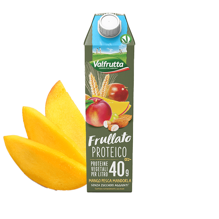 VALFRUTTA FRULLATO PROTEICO FRUIT JUICE FRUIT MANGO, PEACH AND ALMOND BRICK 1 LT (6 in a box)