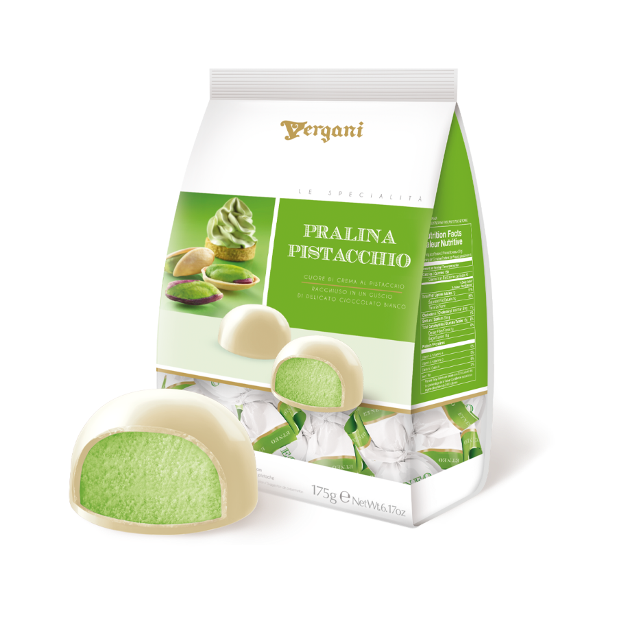 VERGANI PRALINES CHOCOLATE WHITE PISTACHIO 175 GR (12 in a box)