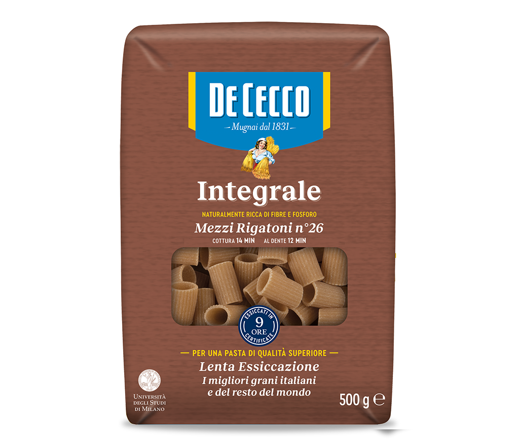 DE CECCO PASTA WHOLEMEAL MEZZI RIGATONI N.26 500 GR (16 in a box)