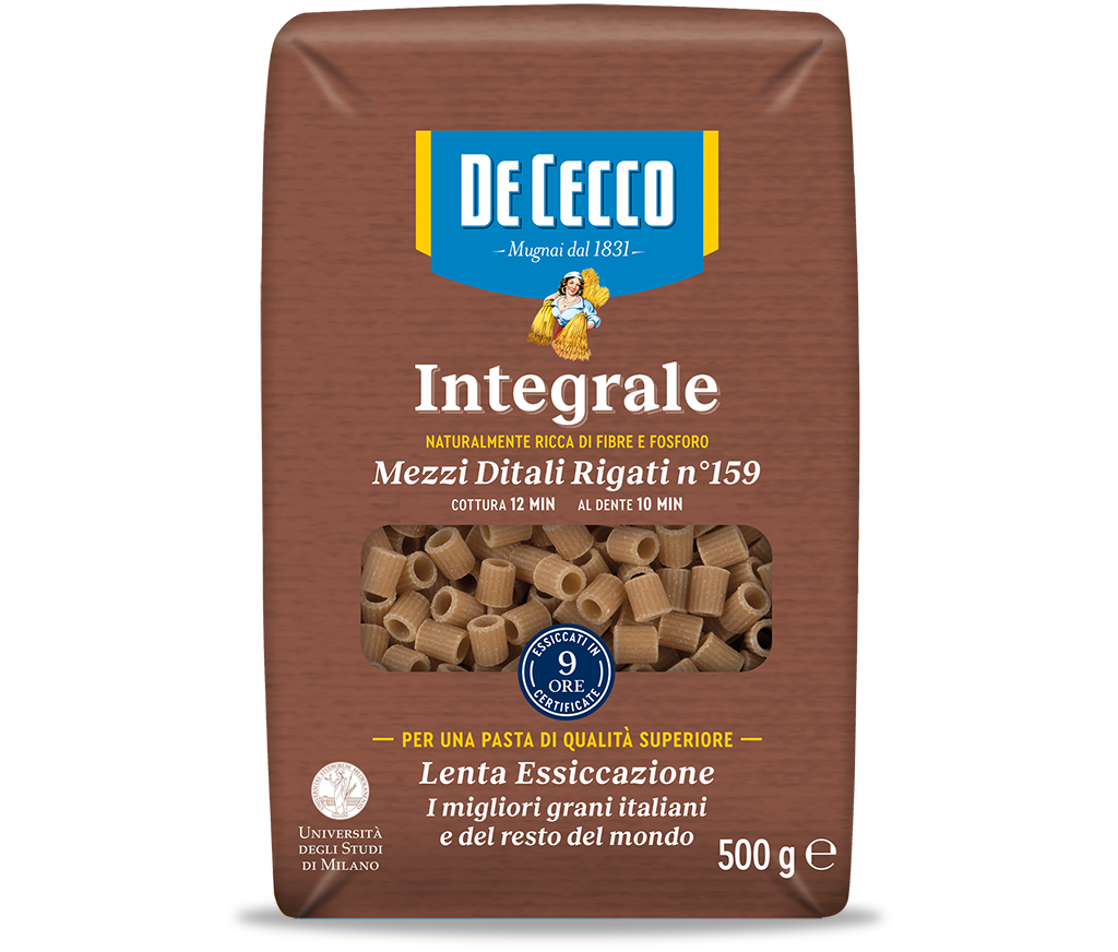 DE CECCO PASTA WHOLEMEAL MEZZI DITALI RIGATI N.159 500 GR (16 in a box)