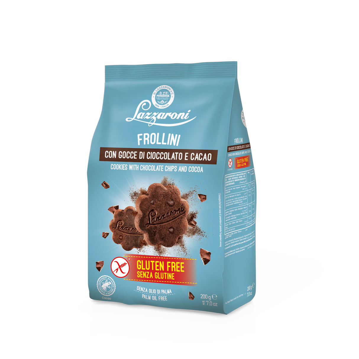 LAZZARONI BISCUITS SHORTBREAD COCOA AND CHOCOLATE CHIPS GLUTEN FREE 200 GR (10 in a box)