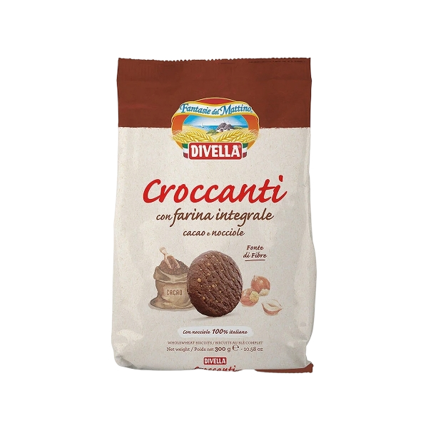 DIVELLA BISCOTTI WHOLEMEAL CROCCANTI COCOA AND HAZLENUTS 400 GR (18 IN A BOX)