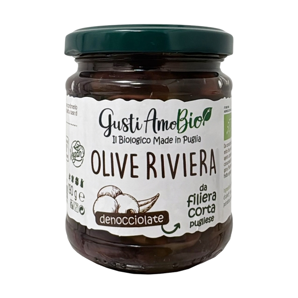 BIO GUSTIAMO OLIVES PITTED BLACK RIVIERA IN EVO OIL 200 GR (5 in a box)