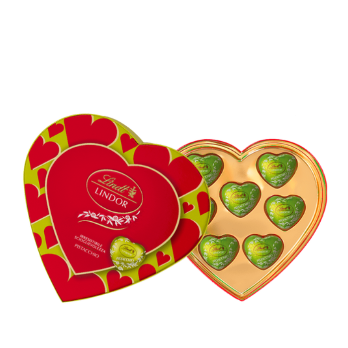 LINDT LINDOR PRALINES HEART BOX MINI MILK CHOCOLATE AND PISTACHIO 82 GR (18 in a box)