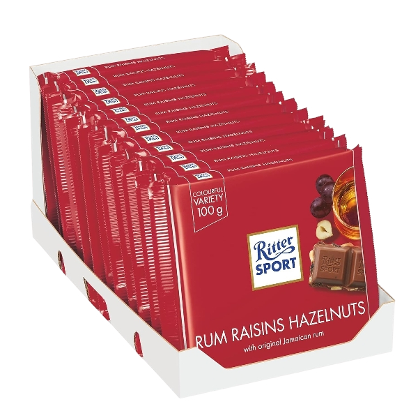 RITTER SPORT CHOCOLATE BAR RUM RAISINS AND HAZELNUTS 100 GR (12 in a box)