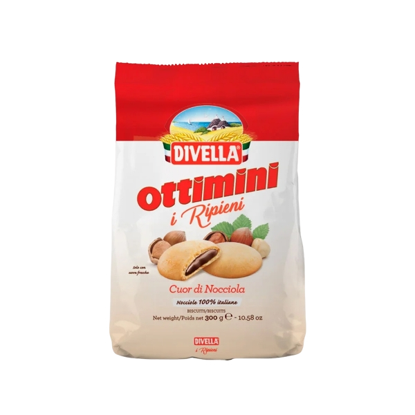 DIVELLA BISCOTTI OTTIMINI CUOR DI NOCCIOLA STUFFED WITH HAZELNUT CREAM 300 GR (12 in a box)