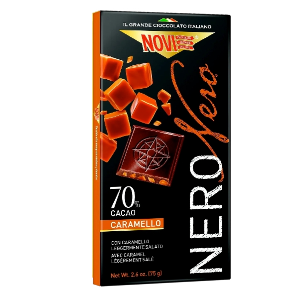 NOVI NERO NERO CHOCOLATE BAR EXTRA DARK 70% CARAMEL 75 GR (20 in a box)