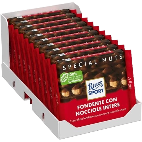 RITTER SPORT CHOCOLATE BAR DARK WHOLE HAZELNUTS 100 GR (10 in a box)