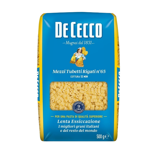 DE CECCO PASTA DI SEMOLA MEZZI TUBETTI RIGATI N.65 500 GR (24 in a box)