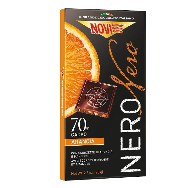 NOVI NERO NERO CHOCOLATE BAR EXTRA DARK 70% ORANGE AND ALMOND 75 GR (20 in a box)