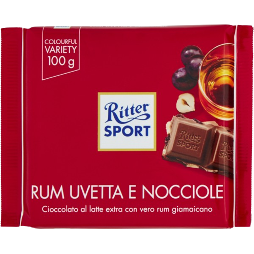 RITTER SPORT CHOCOLATE BAR RUM RAISINS AND HAZELNUTS 100 GR (12 in a box)
