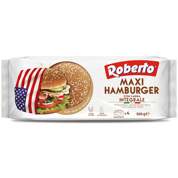 ROBERTO BREAD WHOLMEAL MAXI HAMBURGER INTEGRALE WITH SESAM SEEDS X4 300 GR (8 in a box)