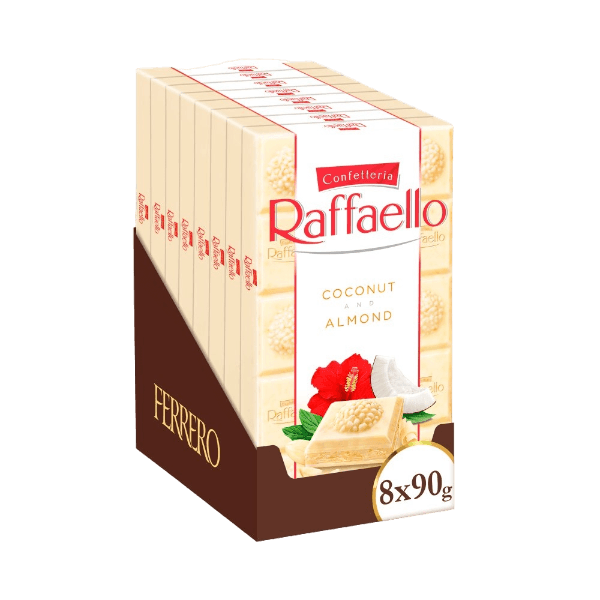 FERRERO CONFETTERIA RAFFAELLO CHOCOLATE BAR WHITE COCONUT & ALMOND 90 GR (8 in a box)