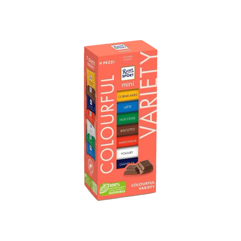 RITTER SPORT CHOCOLATE BAR MINI COLOURFUL VARIETY X9 150 GR (8 in a box)