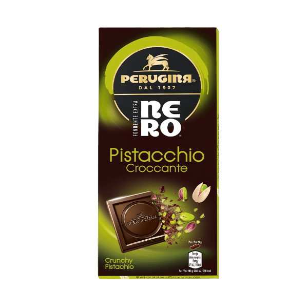 PERUGINA NERO CHOCOLATE BAR EXTRA DARK CRUNCHY PISTACHIO 85 GR (20 in a box)