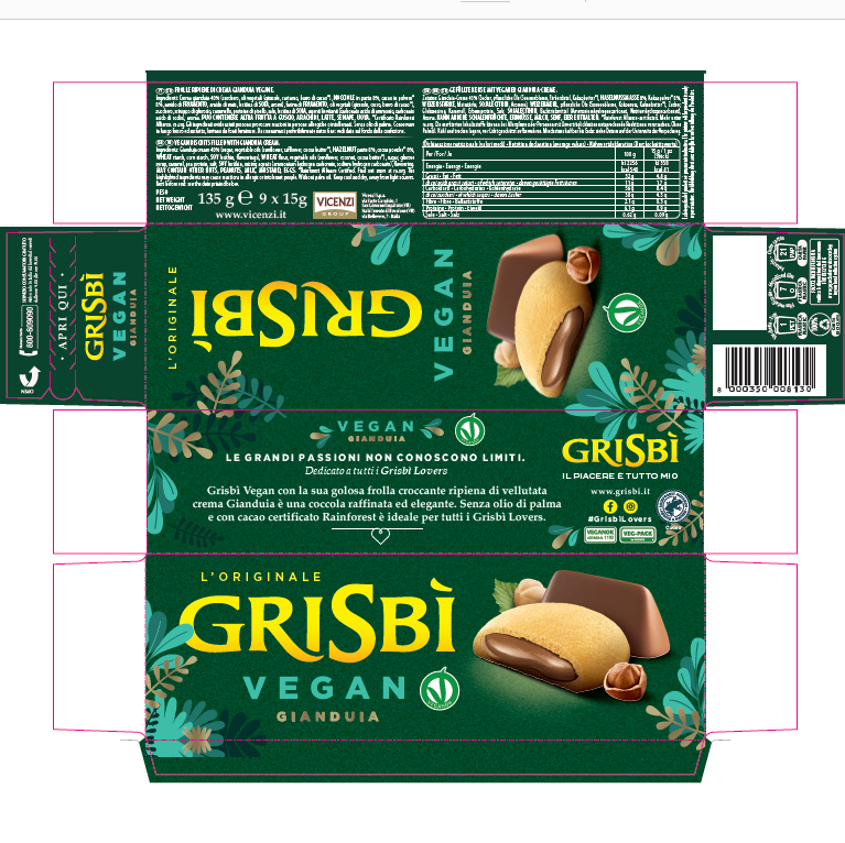 GRISBI' BISCOTTI VEGAN STUFFED CREAM GIANDUIA 135 GR (12 in a box)