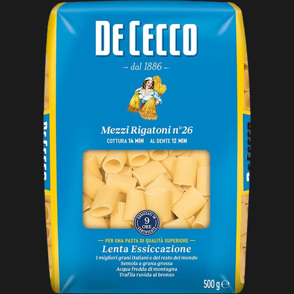 DE CECCO PASTA DI SEMOLA MEZZI RIGATONI N.26 500 GR (24 in a box)