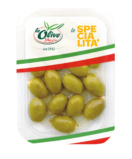 MICCIO SPECIALITA' OLIVES GREEN WITH ALMONDS OIL AND FENNEL 150 GR (8 in a box)