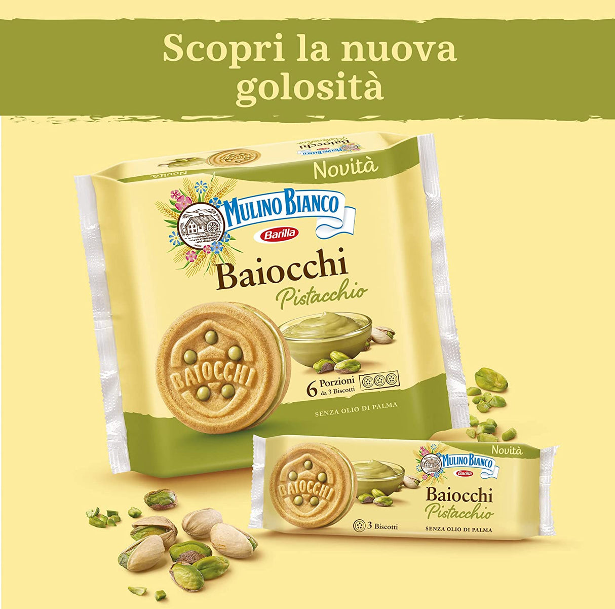 MULINO BIANCO BISCOTTI BAIOCCHI PISTACHIO MULTIPACK X6 168 GR (9 in a box)