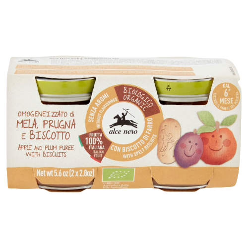 ALCENERO HOMOGENIZED FRUIT APPLE PLUM COOKIE 80 GR X2 (6 in a box)