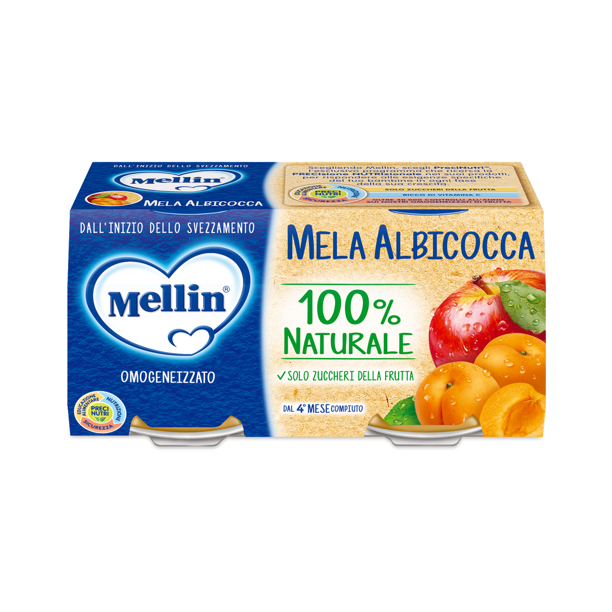 MELLIN HOMOGENIZED FRUIT APPLE APRICOT 100 GR X2 (12 in a box)