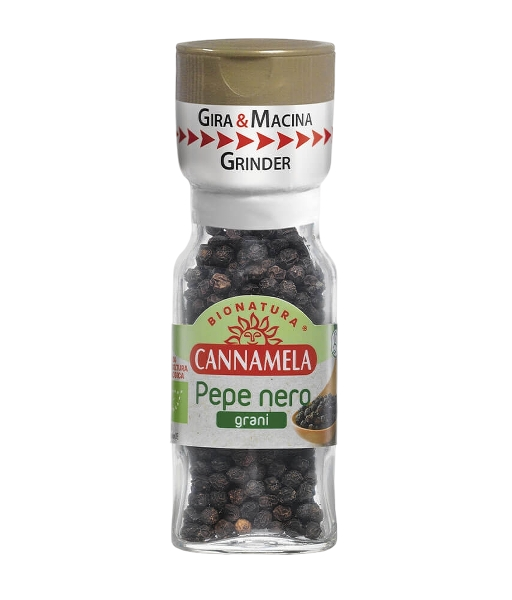 CANNAMELA ORGANIC SPICES BLACK PEPPER IN GRAINS WITH GRINDING CAP 28 GR (6 in a box)