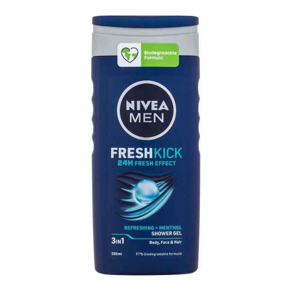 NIVEA MEN SHOWER BATH BODY AND SHAMPOO FRESHKICK 3in1 250 ML (12 in a box)
