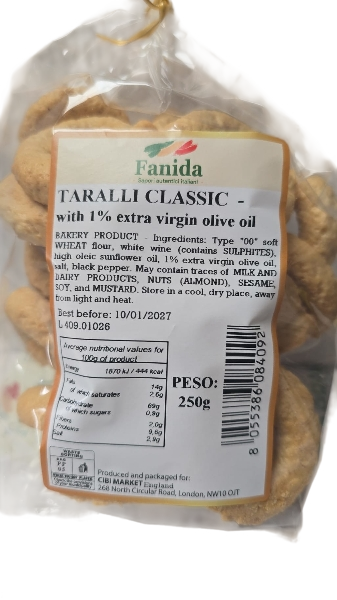 FANIDA TARALLI CLASSIC WITH EXTRA VIRGIN OLIVE OIL 250 GR (16 in a box)