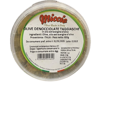 MICCIO OLIVES PITTED BLACK TAGGIASCHE IN OIL BUCKET 820 GR (9 in a box)