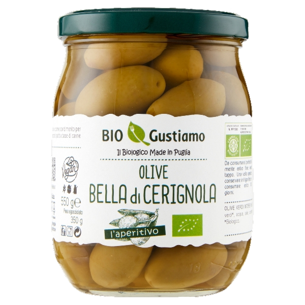 BIO GUSTIAMO OLIVES GREEN BELLA DI CERIGNOLA IN BRINE 550 GR (6 in a box)