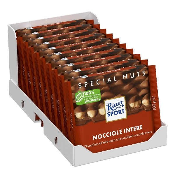 RITTER SPORT CHOCOLATE BAR MILK EXTRA WHOLE HAZELNUTS 100 GR (20 in a box)