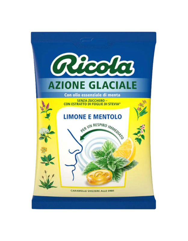 RICOLA CANDY SUGAR FREE AZIONE GLACIALE LEMON AND MENTHOL BAG 70 GR (12 in a box)
