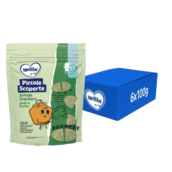 MELLIN CRACKERS SNACK PICCOLE SCOPERTE BASIL & PEAS 100 GR (6 in a box)