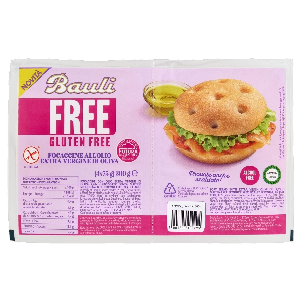 BAULI BREAD FOCACCINE EXTRA VIRGIN OLIVE OIL GLUTEN FREE X4 300 GR (6 in a box)