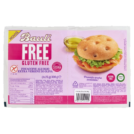BAULI BREAD FOCACCINE EXTRA VIRGIN OLIVE OIL GLUTEN FREE X4 300 GR (6 in a box)