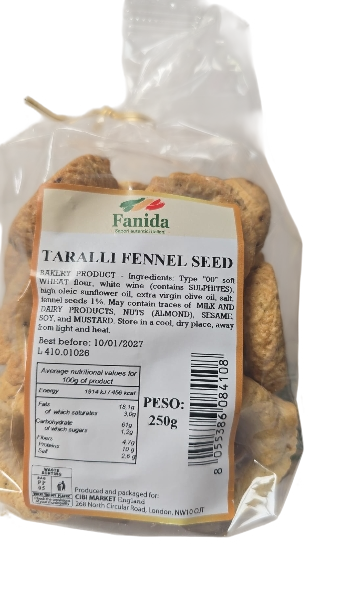 FANIDA TARALLI FENNEL SEEDS WITH EXTRA VIRGIN OLIVE OIL 250 GR (16 in a box)