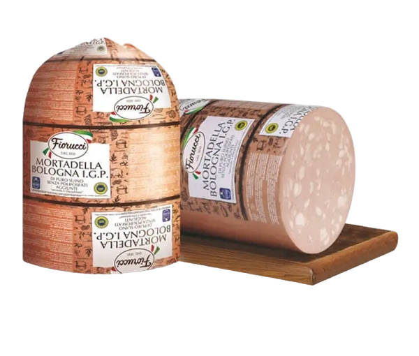 FIORUCCI MORTADELLA DI BOLOGNA I.G.P. WITH PISTACHIO £9.99  AL KG (APPROX. 7.5 KG) PROMO  £7.99